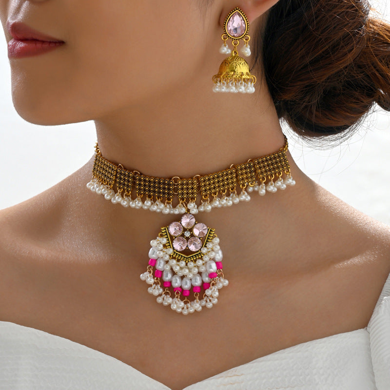 Indian Ethnic Jewelry Set – Vintage Gemstone Beads Necklace & Earrings (2-Piece Suit)