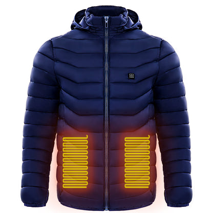 Men’s Heated Puffer Jacket – 9 Heat Zones, USB Electric Heating Coat with Hood