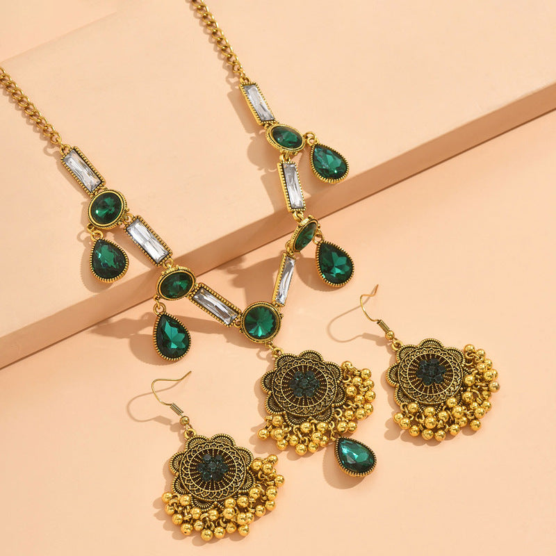 Indian Ethnic Jewelry Set – Vintage Gemstone Beads Necklace & Earrings (2-Piece Suit)