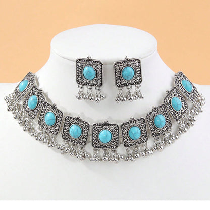 Indian Ethnic Jewelry Set – Vintage Gemstone Beads Necklace & Earrings (2-Piece Suit)