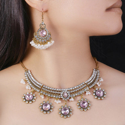 Indian Ethnic Jewelry Set – Vintage Gemstone Beads Necklace & Earrings (2-Piece Suit)
