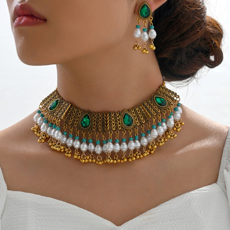 Indian Ethnic Jewelry Set – Vintage Gemstone Beads Necklace & Earrings (2-Piece Suit)