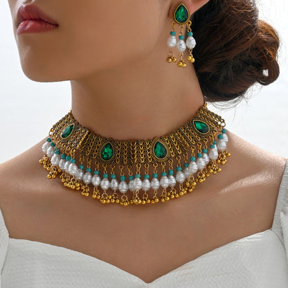 Indian Ethnic Jewelry Set – Vintage Gemstone Beads Necklace & Earrings (2-Piece Suit)