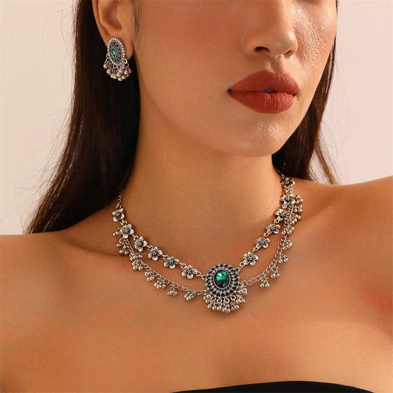 Indian Ethnic Jewelry Set – Vintage Gemstone Beads Necklace & Earrings (2-Piece Suit)