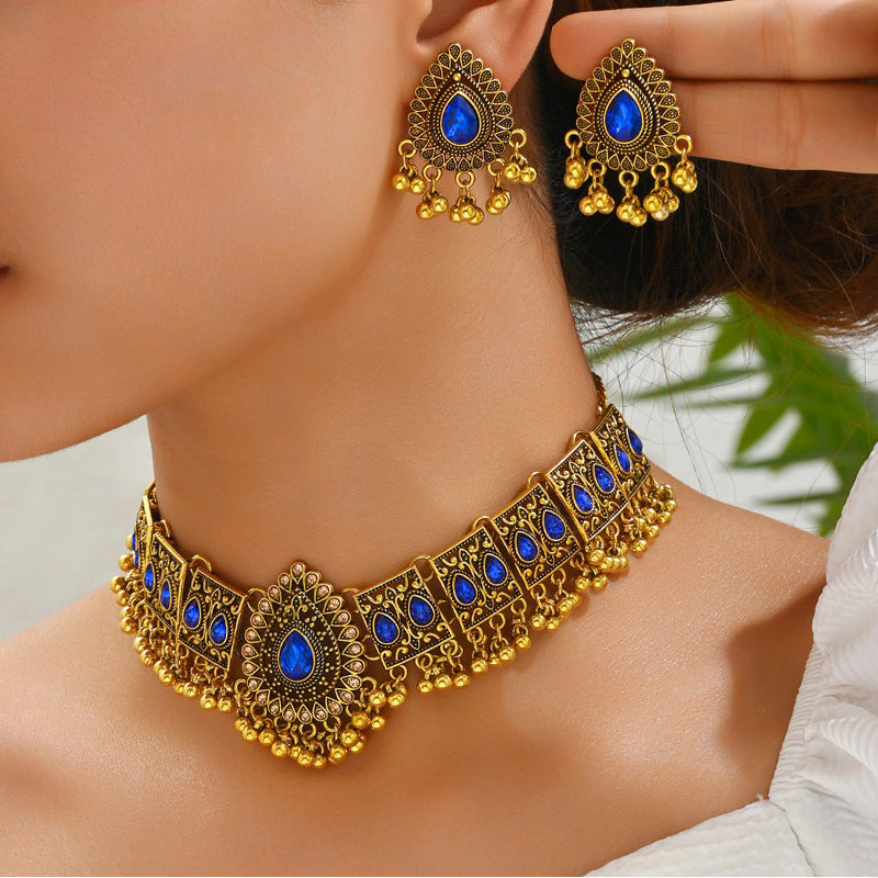 Indian Ethnic Jewelry Set – Vintage Gemstone Beads Necklace & Earrings (2-Piece Suit)