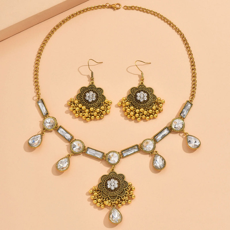 Indian Ethnic Jewelry Set – Vintage Gemstone Beads Necklace & Earrings (2-Piece Suit)
