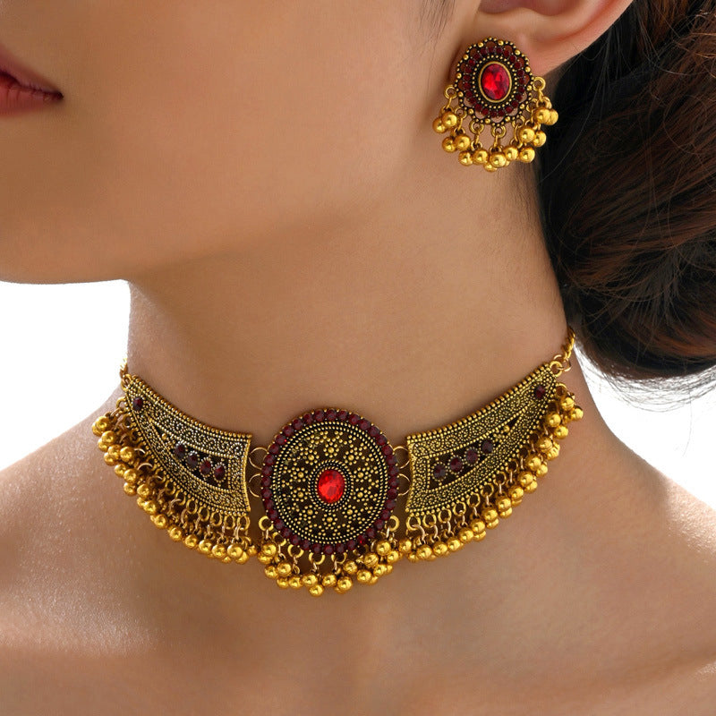 Indian Ethnic Jewelry Set – Vintage Gemstone Beads Necklace & Earrings (2-Piece Suit)