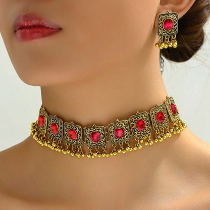 Indian Ethnic Jewelry Set – Vintage Gemstone Beads Necklace & Earrings (2-Piece Suit)