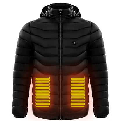 Men’s Heated Puffer Jacket – 9 Heat Zones, USB Electric Heating Coat with Hood