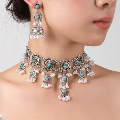 Indian Ethnic Jewelry Set – Vintage Gemstone Beads Necklace & Earrings (2-Piece Suit)