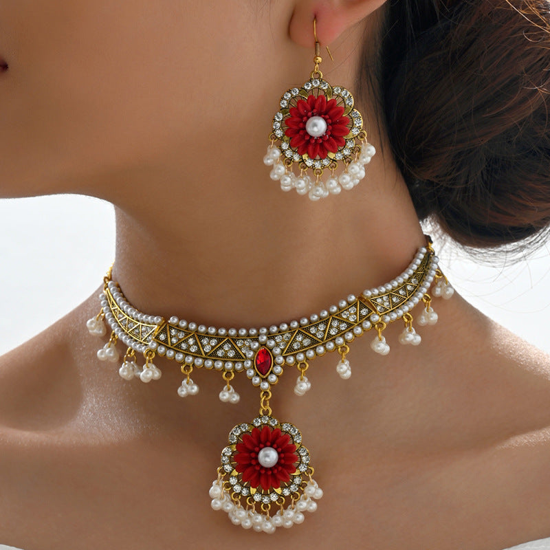 Indian Ethnic Jewelry Set – Vintage Gemstone Beads Necklace & Earrings (2-Piece Suit)