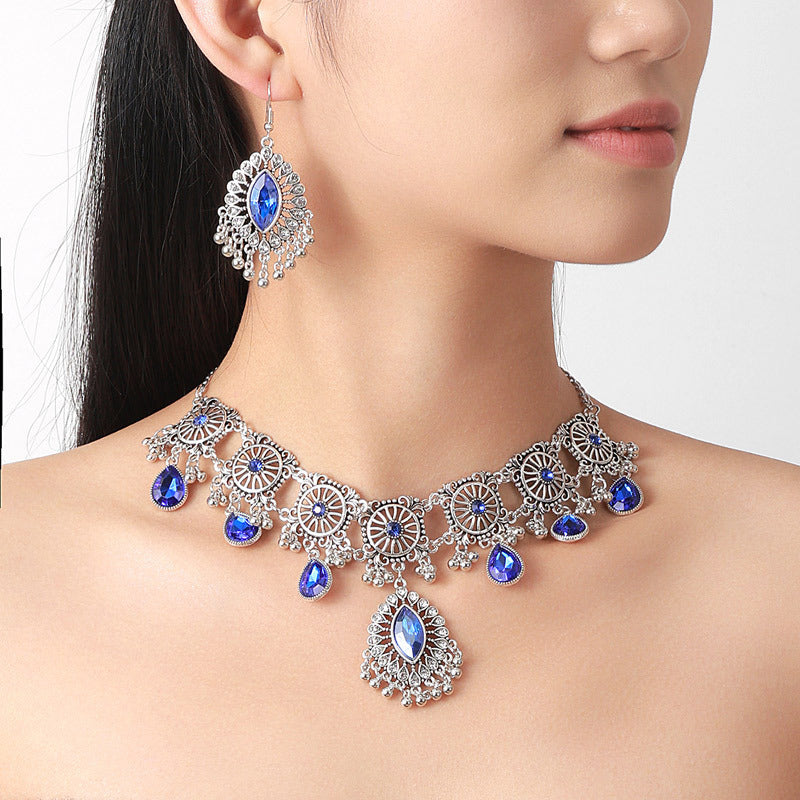 Indian Ethnic Jewelry Set – Vintage Gemstone Beads Necklace & Earrings (2-Piece Suit)