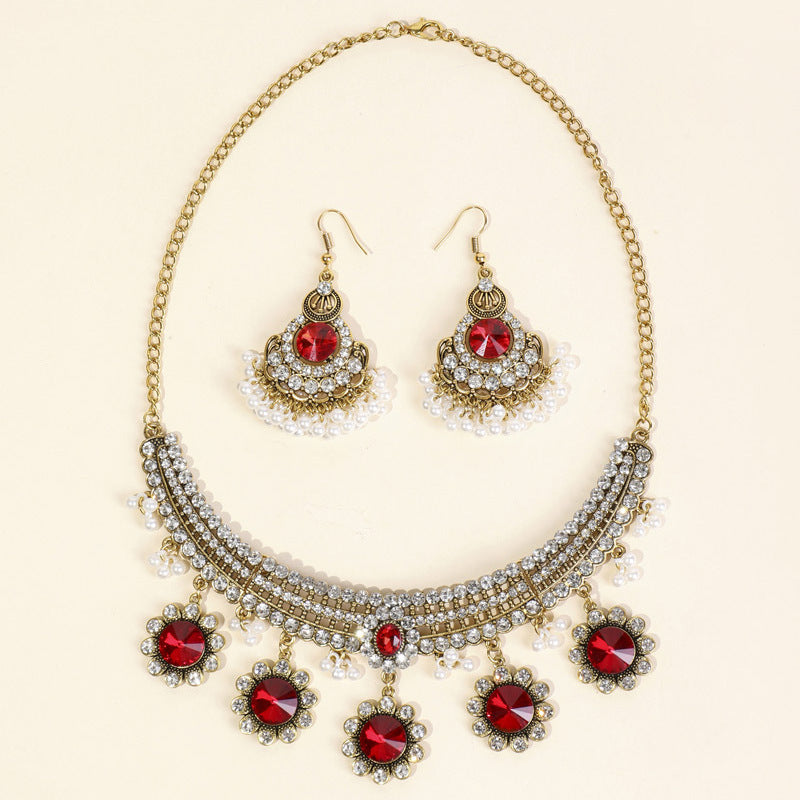 Indian Ethnic Jewelry Set – Vintage Gemstone Beads Necklace & Earrings (2-Piece Suit)
