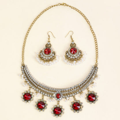 Indian Ethnic Jewelry Set – Vintage Gemstone Beads Necklace & Earrings (2-Piece Suit)