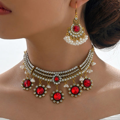 Indian Ethnic Jewelry Set – Vintage Gemstone Beads Necklace & Earrings (2-Piece Suit)