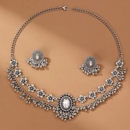 Indian Ethnic Jewelry Set – Vintage Gemstone Beads Necklace & Earrings (2-Piece Suit)