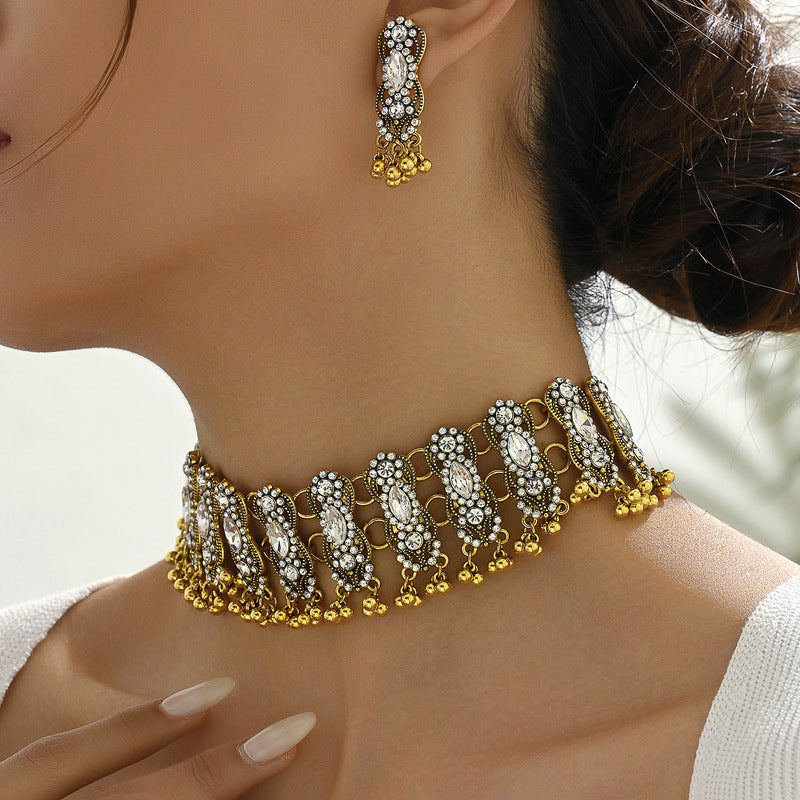 Indian Ethnic Jewelry Set – Vintage Gemstone Beads Necklace & Earrings (2-Piece Suit)