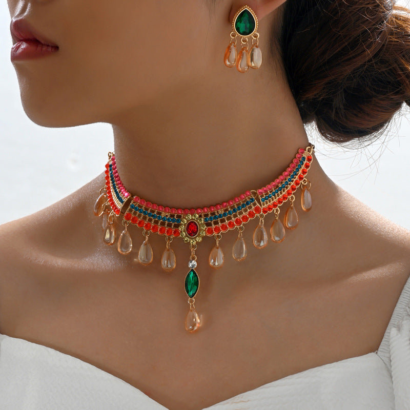 Indian Ethnic Jewelry Set – Vintage Gemstone Beads Necklace & Earrings (2-Piece Suit)