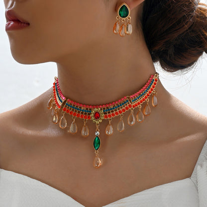 Indian Ethnic Jewelry Set – Vintage Gemstone Beads Necklace & Earrings (2-Piece Suit)