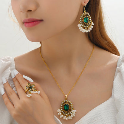 Indian Ethnic Jewelry Set – Vintage Gemstone Beads Necklace & Earrings (2-Piece Suit)