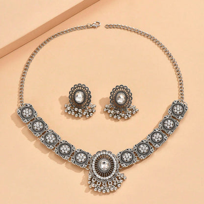 Indian Ethnic Jewelry Set – Vintage Gemstone Beads Necklace & Earrings (2-Piece Suit)