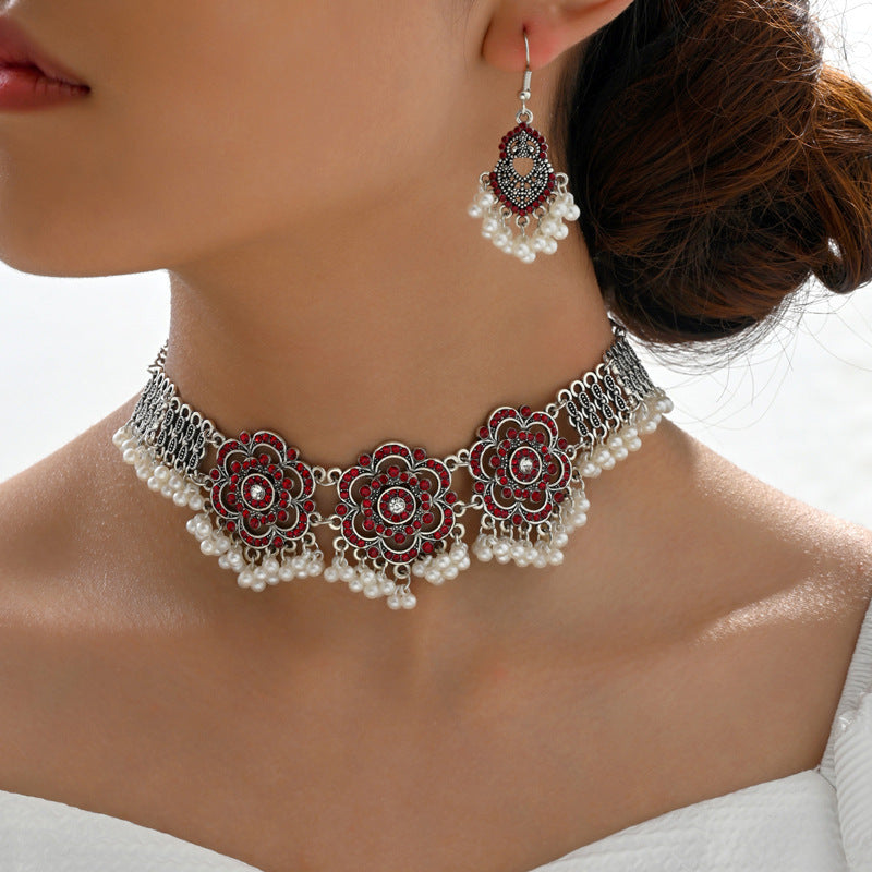 Indian Ethnic Jewelry Set – Vintage Gemstone Beads Necklace & Earrings (2-Piece Suit)