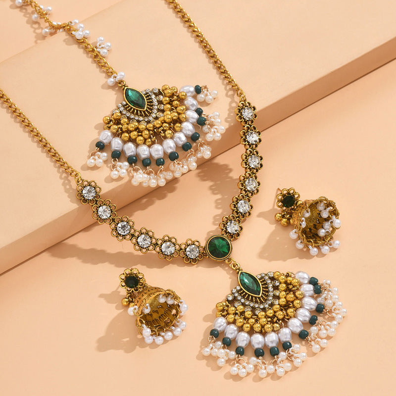 Indian Ethnic Jewelry Set – Vintage Gemstone Beads Necklace & Earrings (2-Piece Suit)