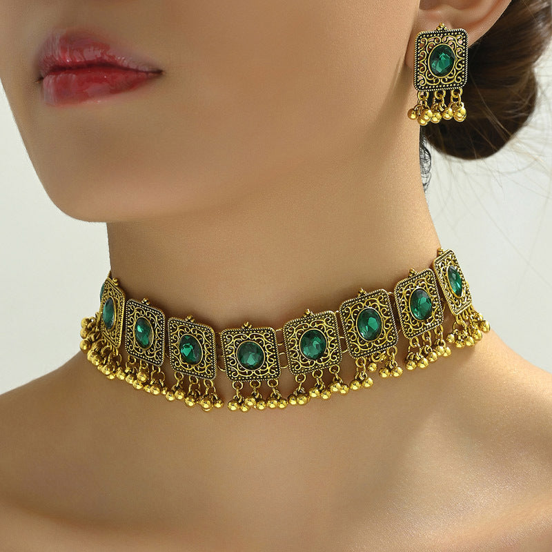 Indian Ethnic Jewelry Set – Vintage Gemstone Beads Necklace & Earrings (2-Piece Suit)