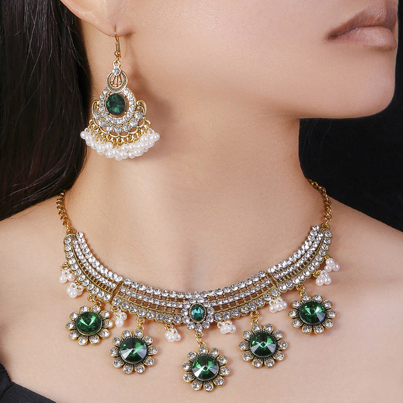 Indian Ethnic Jewelry Set – Vintage Gemstone Beads Necklace & Earrings (2-Piece Suit)