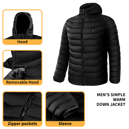 Men’s Heated Puffer Jacket – 9 Heat Zones, USB Electric Heating Coat with Hood
