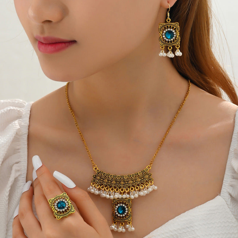 Indian Ethnic Jewelry Set – Vintage Gemstone Beads Necklace & Earrings (2-Piece Suit)