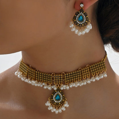 Indian Ethnic Jewelry Set – Vintage Gemstone Beads Necklace & Earrings (2-Piece Suit)